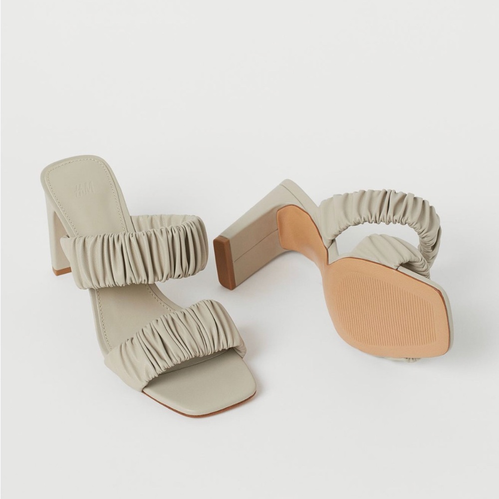 H&M Beige Ruched Slip In Block Heel Sandals
